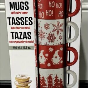 Signature houseware Holiday Stoneware Mugs wire tower 4 mugs with wire tower